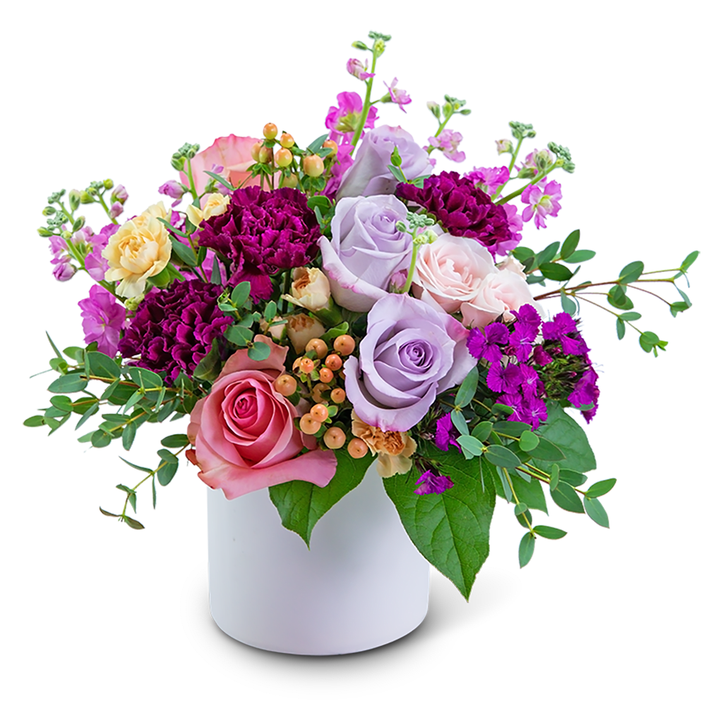 Mixed bouquet of roses and carnations in a white vase