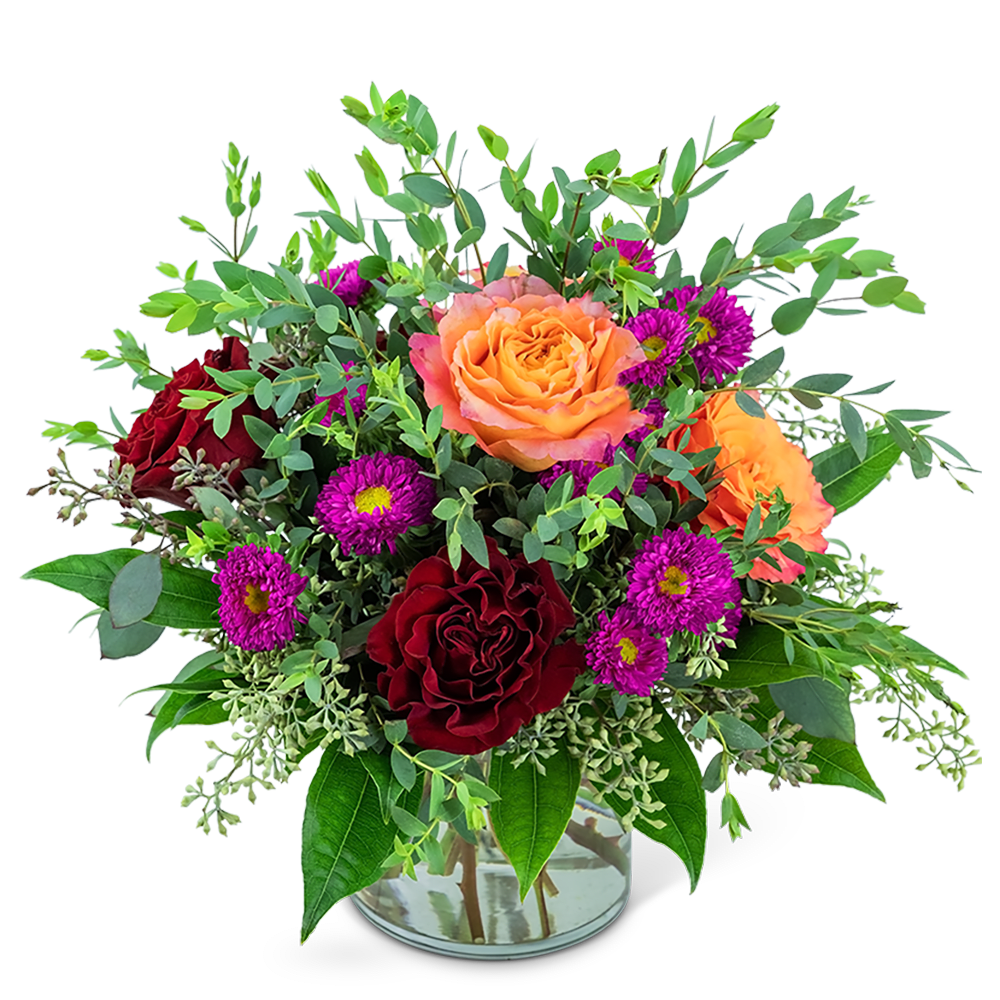 Flamenco Energy - This arrangement will add a little flair to any home or office. Flamenco Energy features premium roses and Matsumoto Asters accented with a variety of foliage. This bright bouquet is the perfect gift for any occasion!