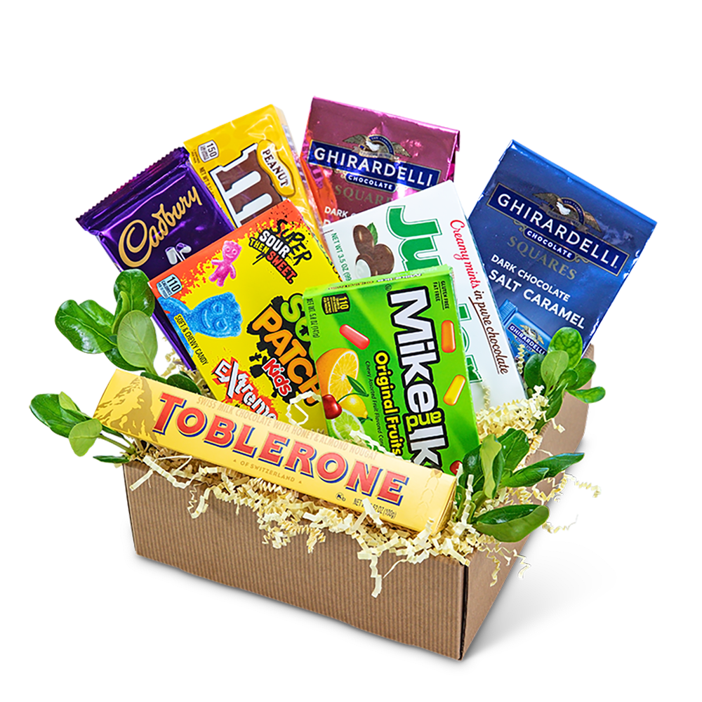 Gift box filled with assorted chocolate bars and candy