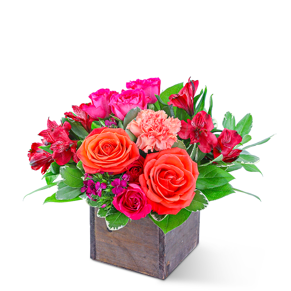 Mixed pink and orange flowers in a wooden box