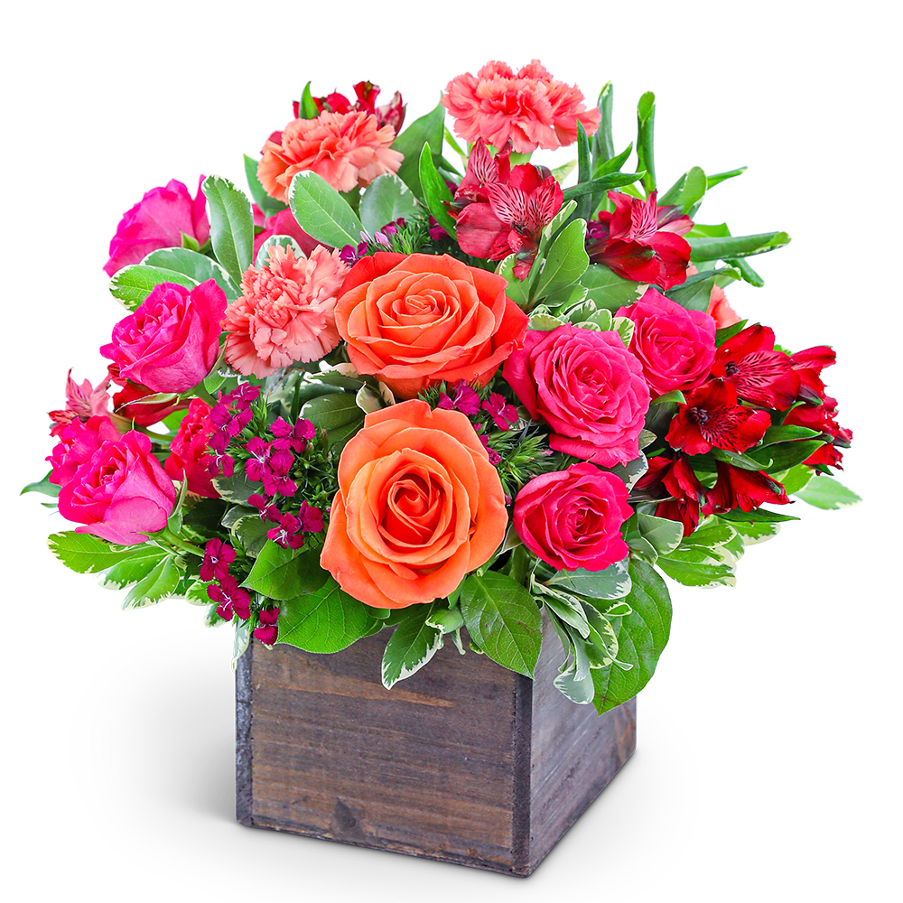 Pink and orange roses with red alstroemeria in a wooden box