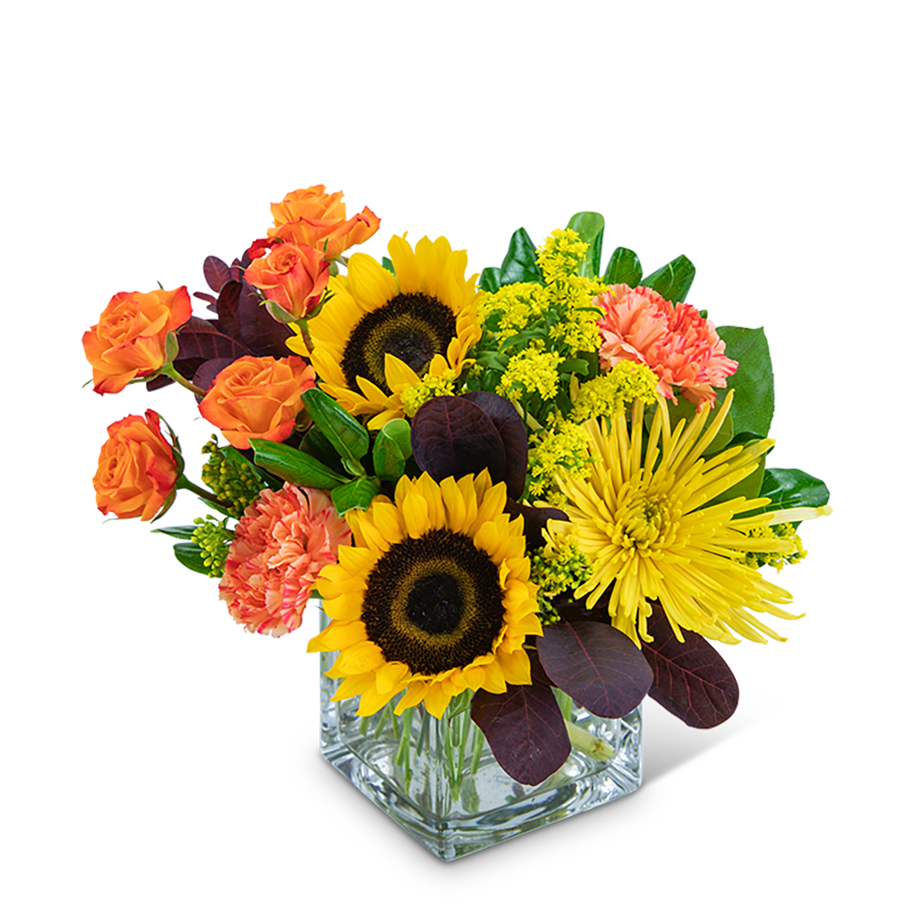 Sunflowers, orange roses, and yellow chrysanthemums in a square glass vase