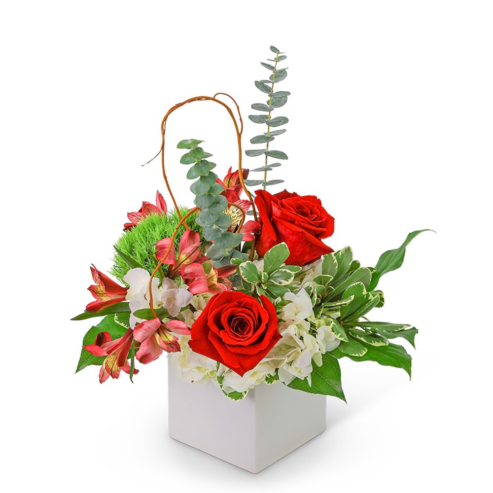 Red roses and white flowers in a white box with greenery