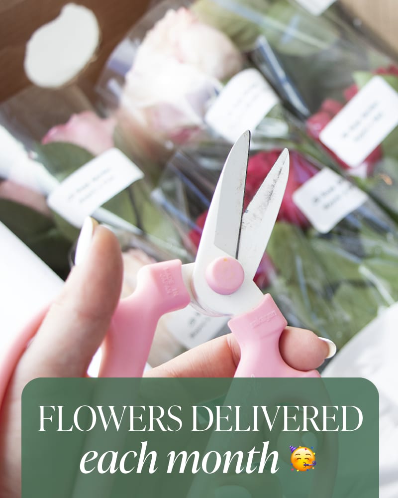 Hands holding pink-handled scissors over wrapped flower bouquets