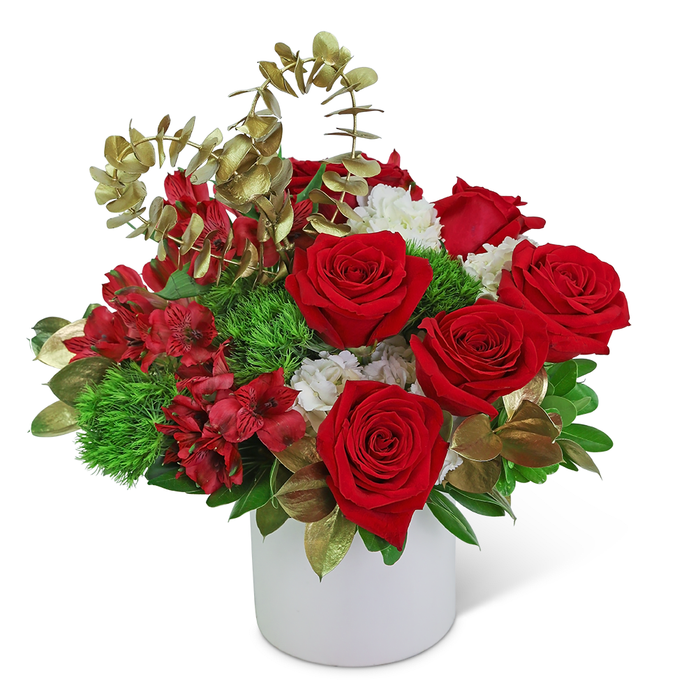 Red roses and white flowers in a white vase with gold foliage