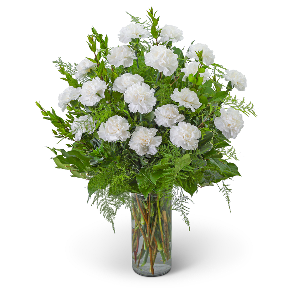 White carnations in a clear glass vase with green foliage