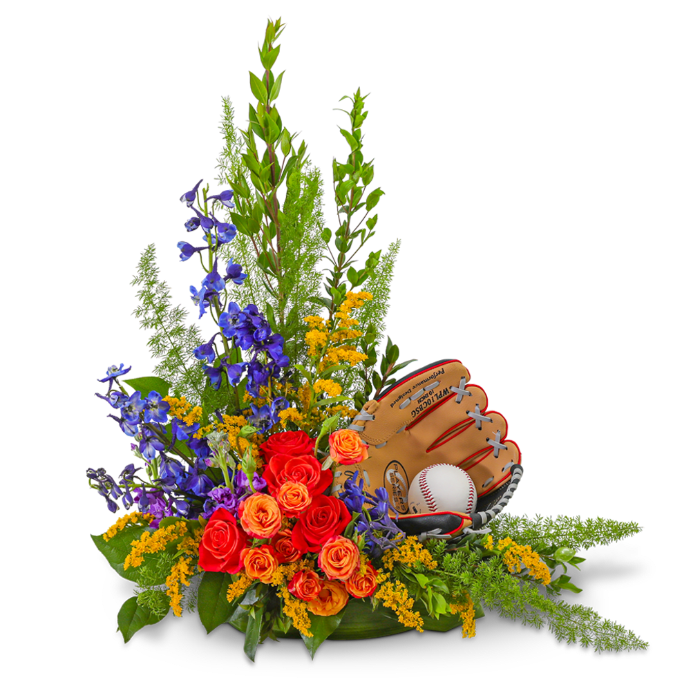 Baseball-themed bouquet with red and orange roses and a glove