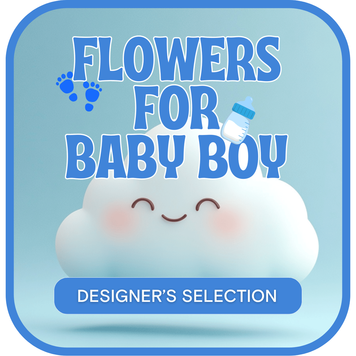 Blue baby boy graphic with a smiling cloud and bottle icon