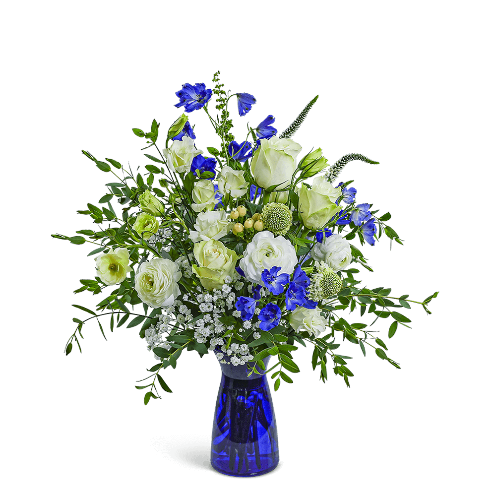Blue and white floral arrangement in a cobalt glass vase