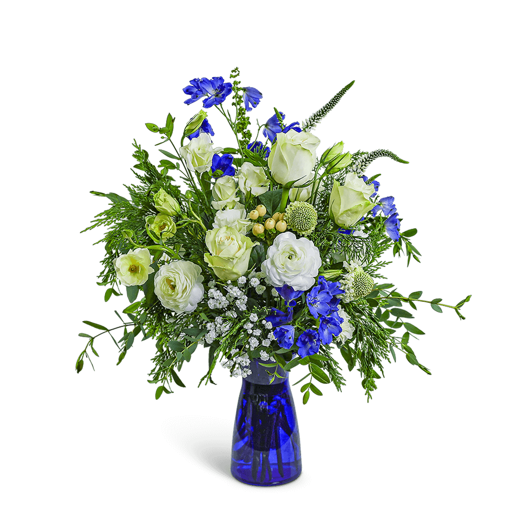 Blue and white floral arrangement in a cobalt glass vase