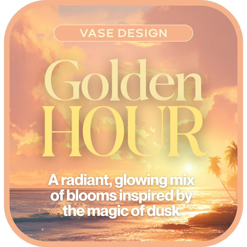 Graphic with sunset beach background and the words Golden Hour Vase Design