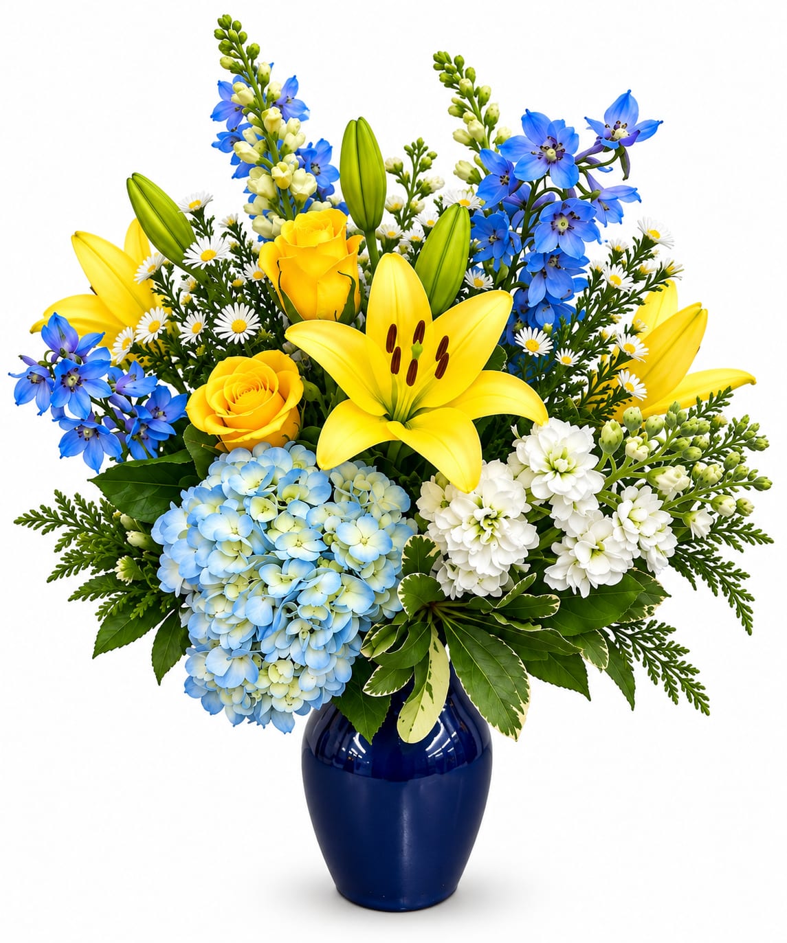 Blue and yellow floral arrangement in a dark blue vase