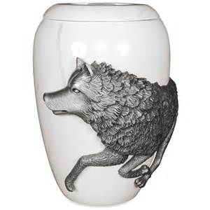 White ceramic vase with a black wolf illustration