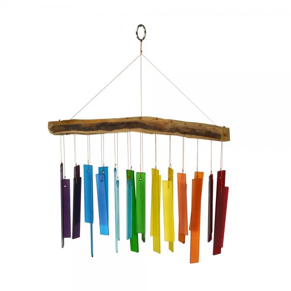 Rainbow wind chime with a wooden top and hanging colored tubes
