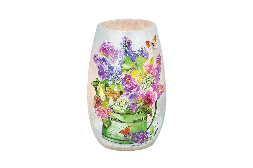 Decorative glass vase with a colorful floral and butterfly print