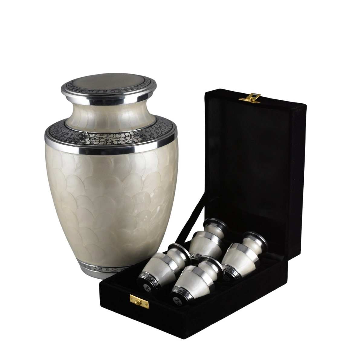 Silver memorial urn with four matching keepsake urns in a black presentation box