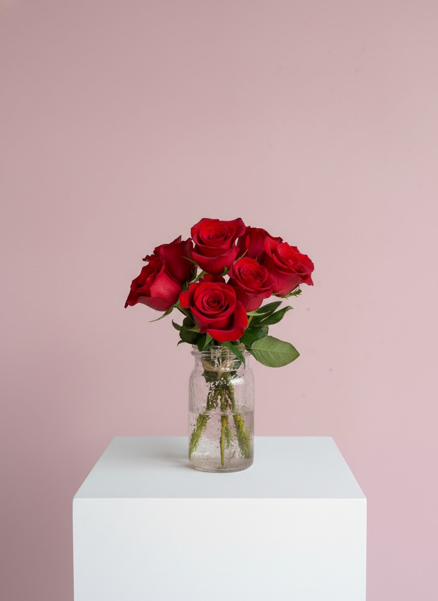 Red roses in a clear glass jar vase on a white pedestal