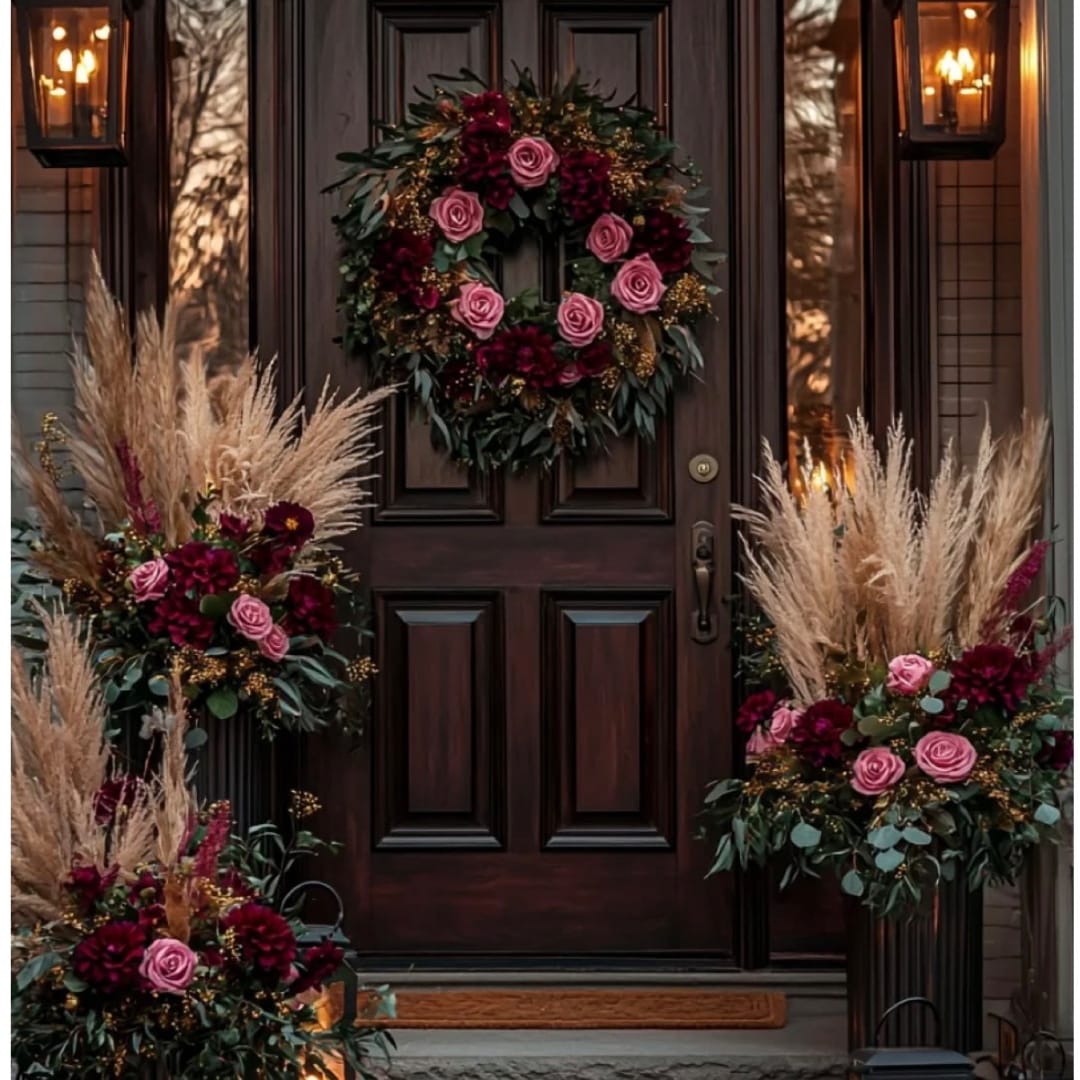 Dark floral wreath and matching arrangements with pink roses on a front door
