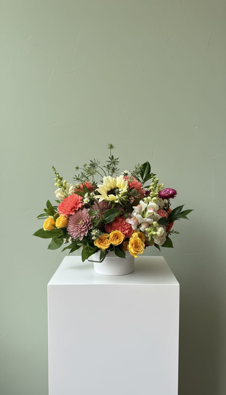 Endless Summer  - A cheerful, garden-style flower arrangement that feels like a sunlit weekend - Endless Summer is a mixed-color flower arrangement perfect for birthdays, thank-you gifts, or summer celebrations. The rounded silhouette and uplifting palette of pink, yellow, white, and coral immediately read as joyful and fresh, the kind of bouquet that makes the person you're thinking of feel truly celebrated.  This low white ceramic vase holds a dense mix of blooms: layered chrysanthemum-like flowers for full, cushiony texture, upright snapdragon spikes that add height and movement, rose-like blossoms for softness, and small daisy accents that lend a playful, casual charm. Dark green foliage frames the composition and makes the bright petals pop, creating a lively, hand-gathered look that suits a tabletop, mantel, or desk.  Designed to brighten someone's day - whether marking a birthday, saying thanks, or welcoming summer - Endless Summer arrives ready to display in its classic white ceramic vase. For best enjoyment, keep the arrangement in a cool spot away from direct heat and refresh the water daily to extend the life of the blooms.