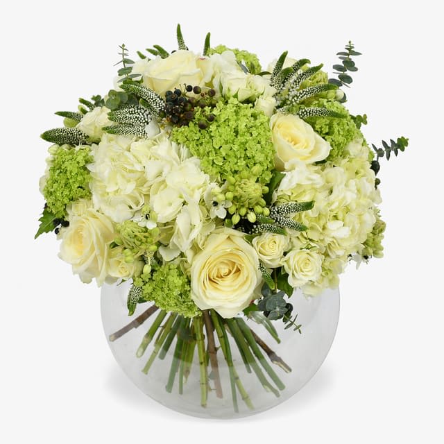 Graceful In White Arrangement - Loved by both florists and customers alike, it includes classic white hydrangea, white roses, white veronica, white spray roses, viburnum,vornitogalum, eucalyptus and ivy berries.