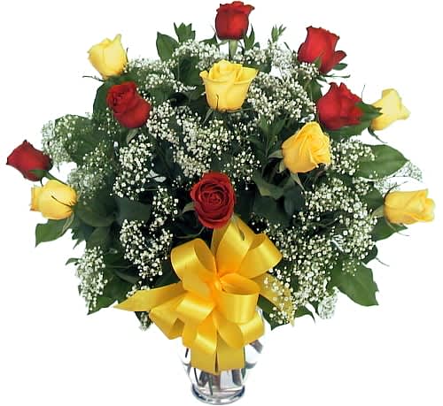 Friendship &amp; Love Bouquet - Stunning arrangement of six red and six yellow roses. This favourite gift in a glass vase is designed with baby's breath and a matching bow. The colour red is for love and yellow is for friendship.12 Roses. Deluxe:18 Roses. Premium: 24 Roses. 