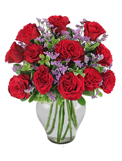 Red Garden Roses Bouquet - Take the traditional bouquet of roses to the next level with this arrangement! Succulent red roses are highlighted with delicate purple caspia for a new twist on an old favorite. Show her you mean forever with these flowers. Order online or call us today!!Standard: 12 Roses. Deluxe:18 Roses. Premium: 24 Roses.