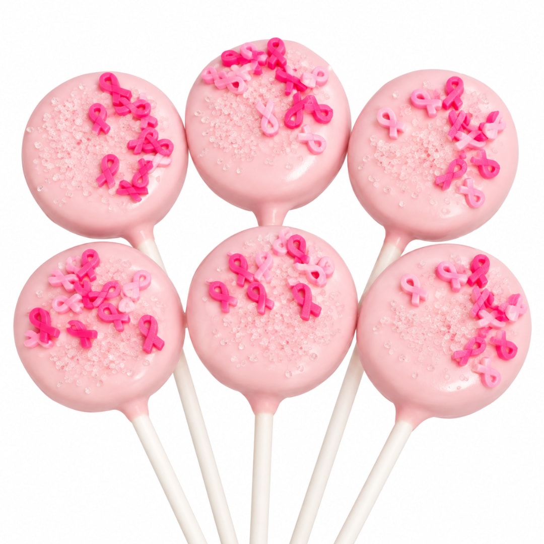 Pink cake pops decorated with breast cancer ribbons