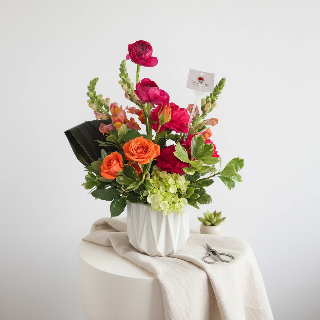 Bouquet of orange and pink flowers in a white vase