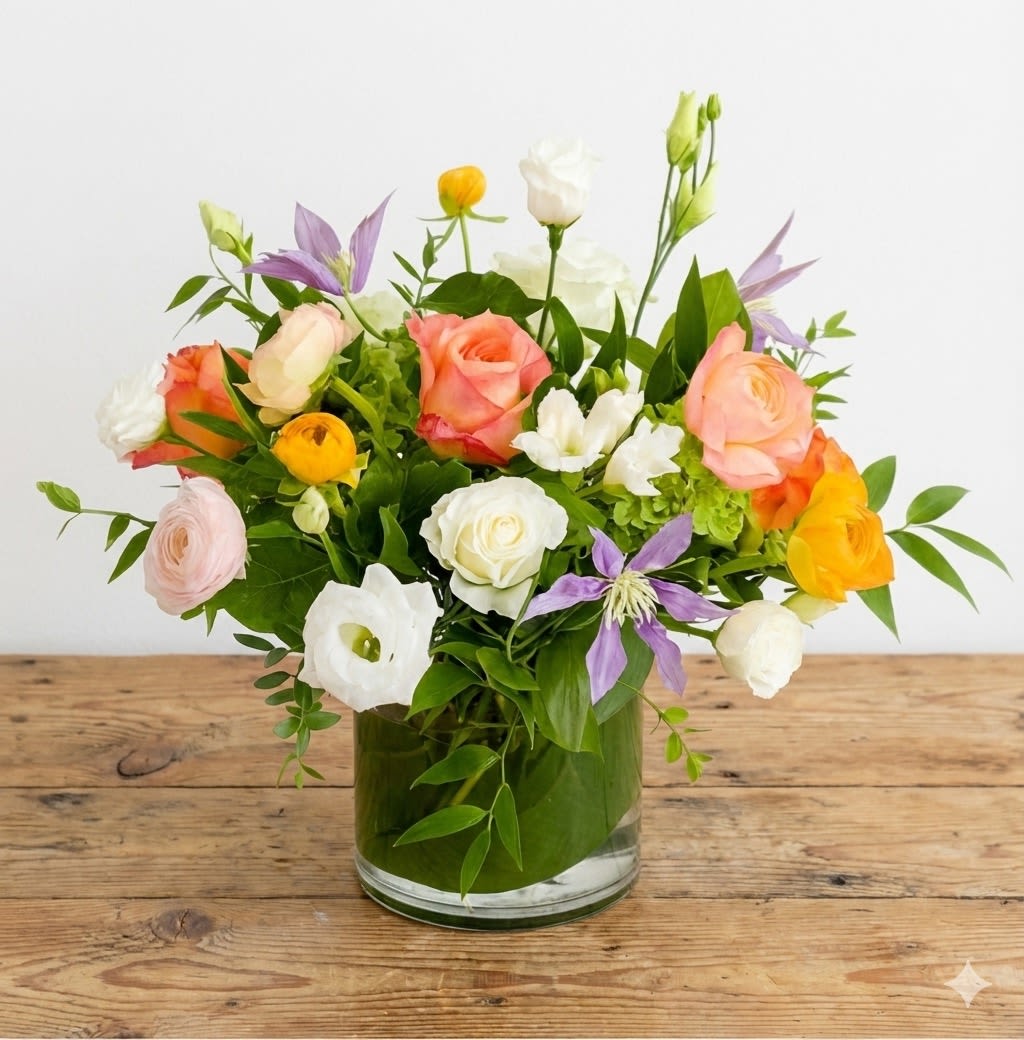 Summer Backyard - Soft, airy, and full of charm — Summer Backyard is a delightful burst of seasonal beauty. This whimsical arrangement features a dreamy palette of blush and peach roses, creamy white lisianthus, sunny yellow ranunculus, lavender clematis, and delicate pink ranunculus. Accented with lush greenery and subtle hydrangeas, it’s the perfect mix of elegance and joy.  Beautifully arranged in a clear glass vase, this bouquet is ideal for birthdays, spring celebrations, or simply adding a fresh and elegant touch to any space.  Details: 	•	Includes roses, lisianthus, clematis, ranunculus, hydrangea &amp; fresh greenery 	•	Designed in a clear cylinder vase (included) 	•	Approximate size: 10-11” W x 9-10” H 	•	Complimentary handwritten gift message included  Care Instructions: Place in a cool spot, away from direct sunlight. Change water daily and trim stems slightly every 2–3 days to keep blooms looking fresh.