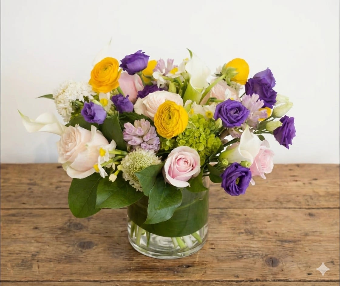 Spring Sonata - Soft romance meets bold color in the Spring Sonata — a lush, symphonic mix of blooms designed to uplift and delight. Featuring buttery yellow ranunculus, dreamy lavender lisianthus, delicate blush roses, sculptural white calla lilies, and crisp hydrangea greens, this bouquet offers the perfect harmony of texture, color, and fragrance.  Arranged in a classic clear glass vase, this centerpiece is perfect for birthdays, celebrations, or simply to bring joy and elegance into any room.  Details: 	•	Includes premium seasonal flowers: ranunculus, lisianthus, roses, calla lilies, hydrangea, and more 	•	Approximate size: 8"-9"” H x 9"-10” W 	•	Arranged in a 5" clear cylinder glass vase 	•	Optional message card included  Care instructions: Place in a cool area away from direct sunlight. Refresh water daily and trim stems slightly every 2–3 days for longer-lasting blooms.