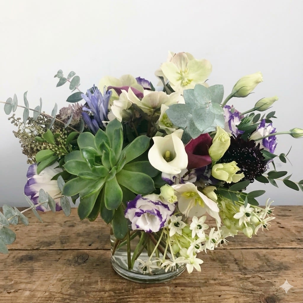 Mixed bouquet with succulents, calla lilies, and purple flowers in a glass vase