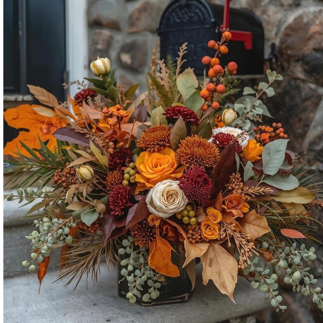 Autumn floral arrangement with orange and white roses in a black vase