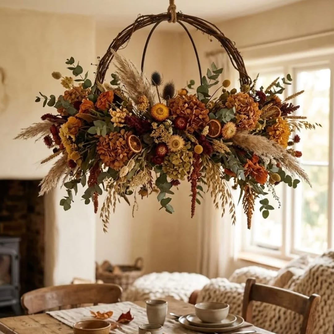 Autumn floral hoop arrangement with dried flowers and grasses hanging indoors