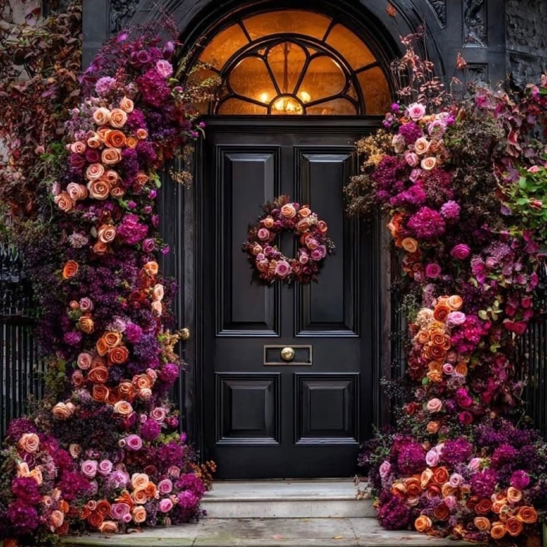 Black front door framed by dense pink, purple, and peach floral displays