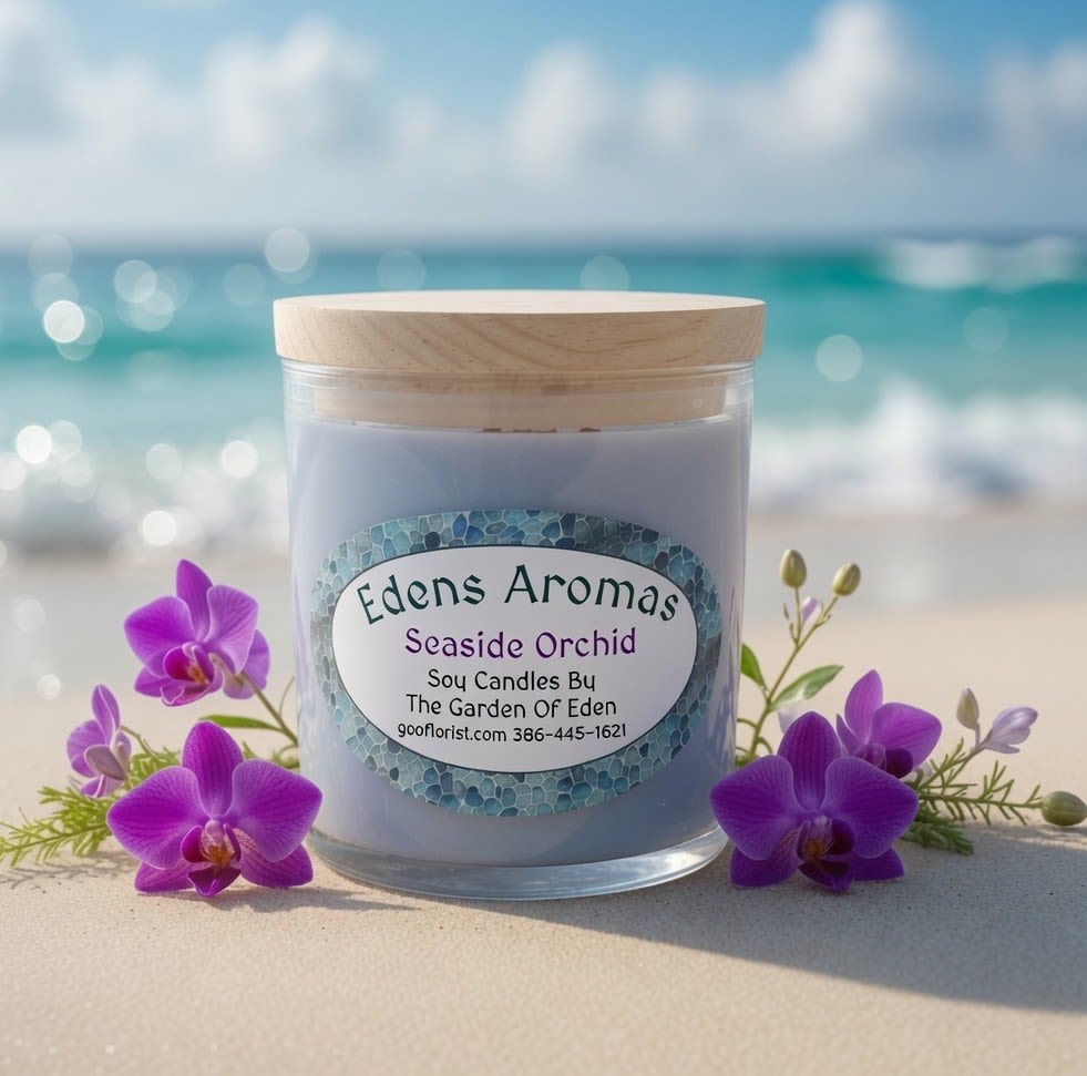 Seaside Orchid Candle - Find your calm in the meditative, natural, and quietly expansive scent of Seaside Orchid, Mineral salt and marine air open into sage, lavender, and a hint of rose, freesia, Ozone, Driftwood and moss ground the fragrance in a coastal calm with patchouli, adding an earthy depth.  This fragrance oil is infused with natural essential oils, including orange sweet, patchouli, guaiacwood, 