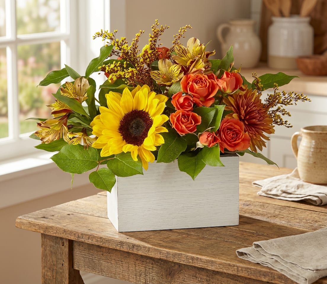 Sunflower and orange rose arrangement in a white wooden box