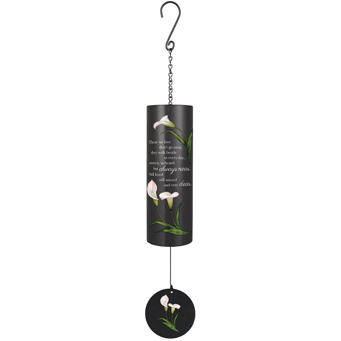 Black hanging wind chime with white calla lily design and memorial text