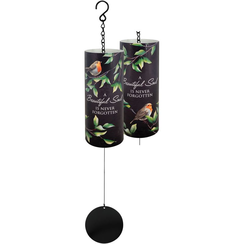 Two black memorial wind chimes with bird and leaf designs