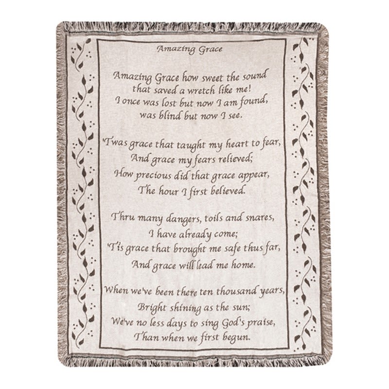 Fringed throw blanket with the text of Amazing Grace printed on it