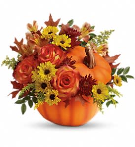 Pumpkin-shaped floral arrangement with orange roses and yellow daisies