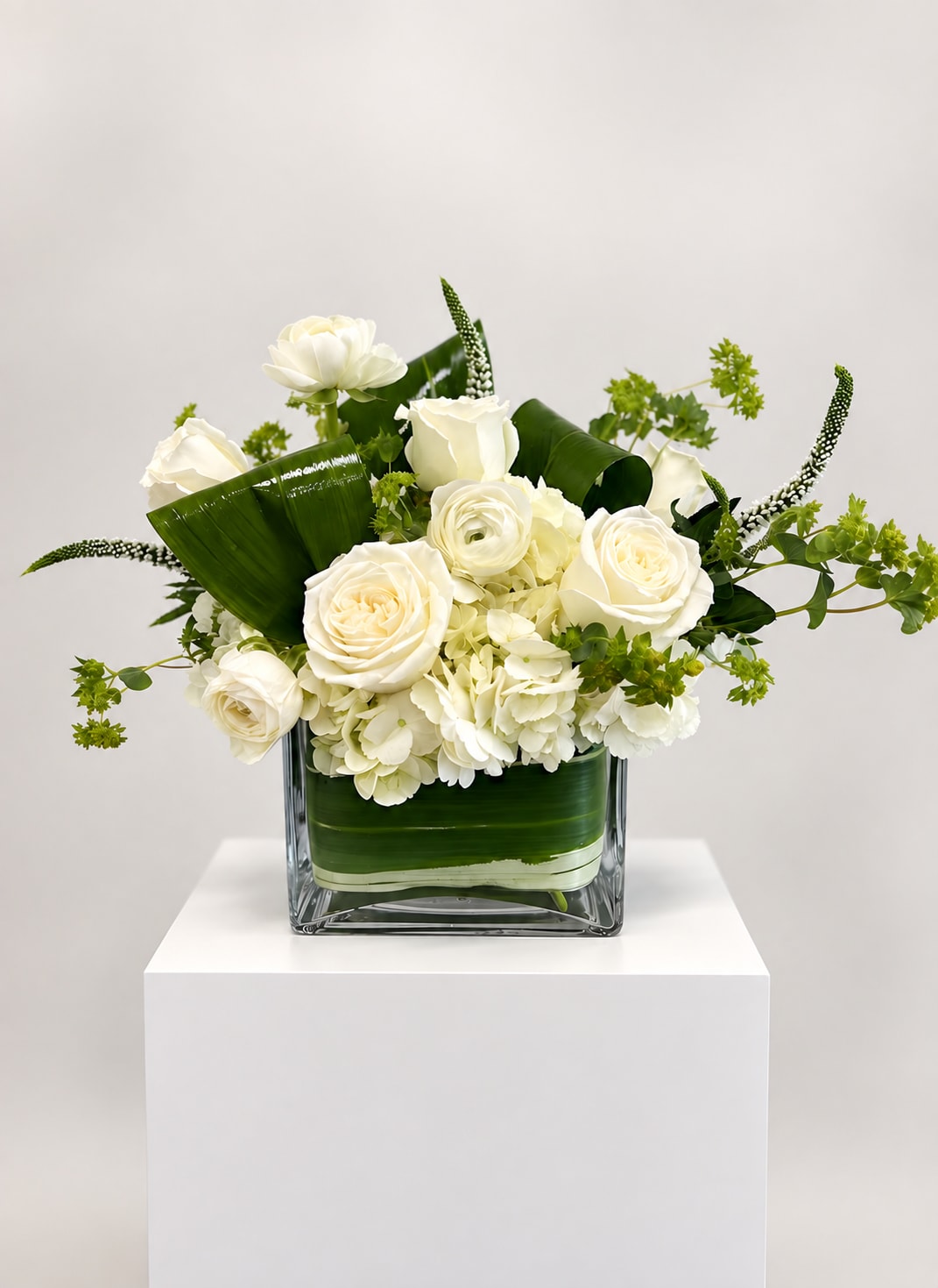 White roses and hydrangeas arranged in a square glass vase
