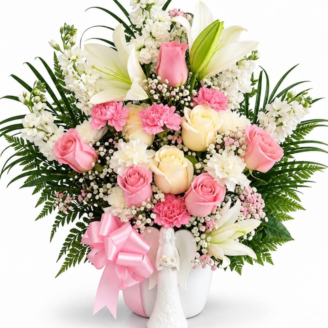 Pink and white floral arrangement in a white vase with a pink ribbon and angel figurine