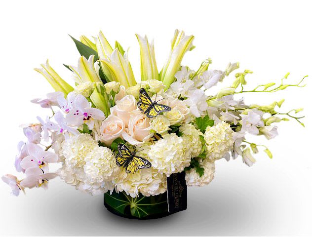 White and pale pink floral arrangement in a black vase with butterfly accents