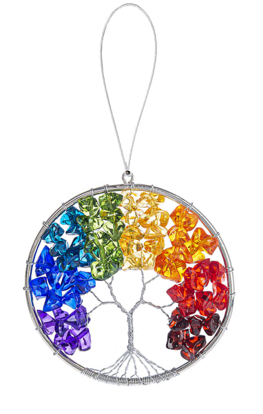 Rainbow Tree of Life Ornament - This stunning Tree of Life ornament features vibrant rainbow stones arranged in a circular frame, symbolizing growth, harmony, and balance. A beautiful piece to hang in a window, add to a gift, or include with a floral arrangement for extra meaning. Approximately 4 inches in size.  Upon request, we can also tie it onto a floral arrangement for an added special touch.