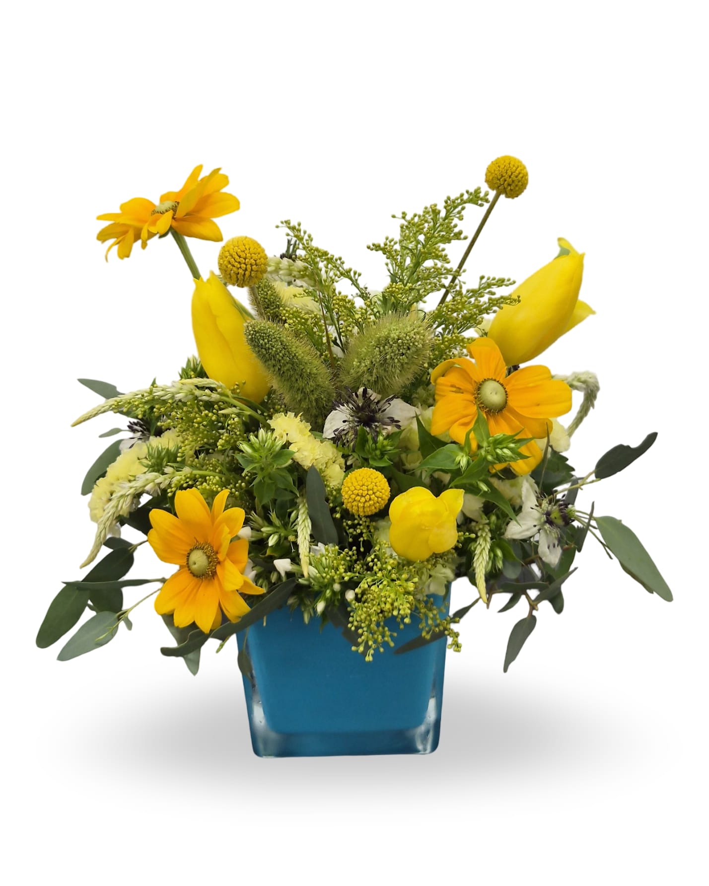 Yellow mixed bouquet in a blue square vase