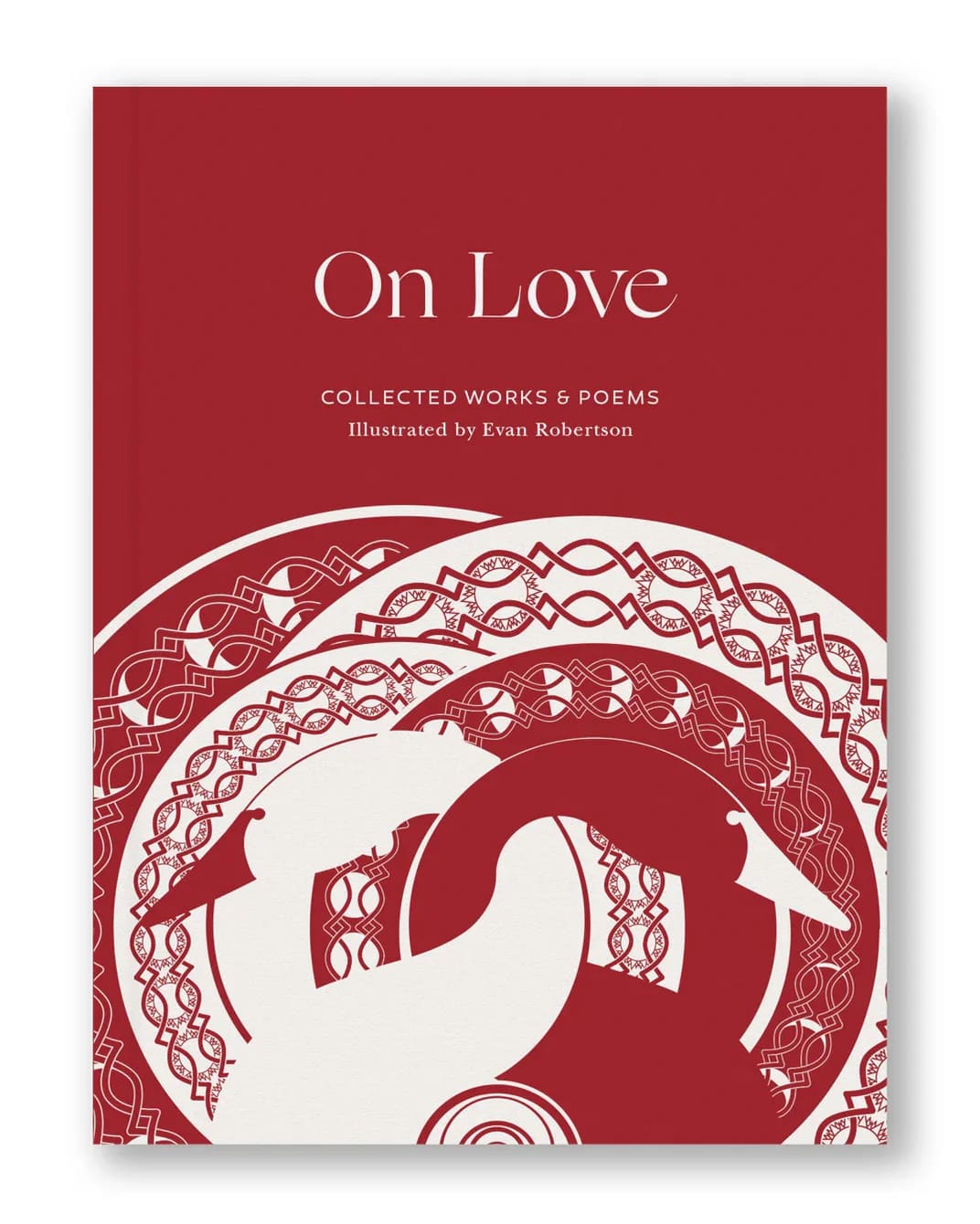 Red book cover with white decorative patterns and the title On Love
