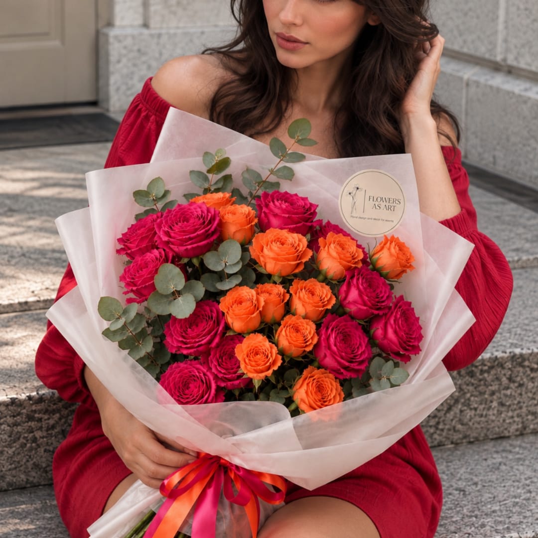 Bouquet of hot pink and orange roses wrapped in pale paper