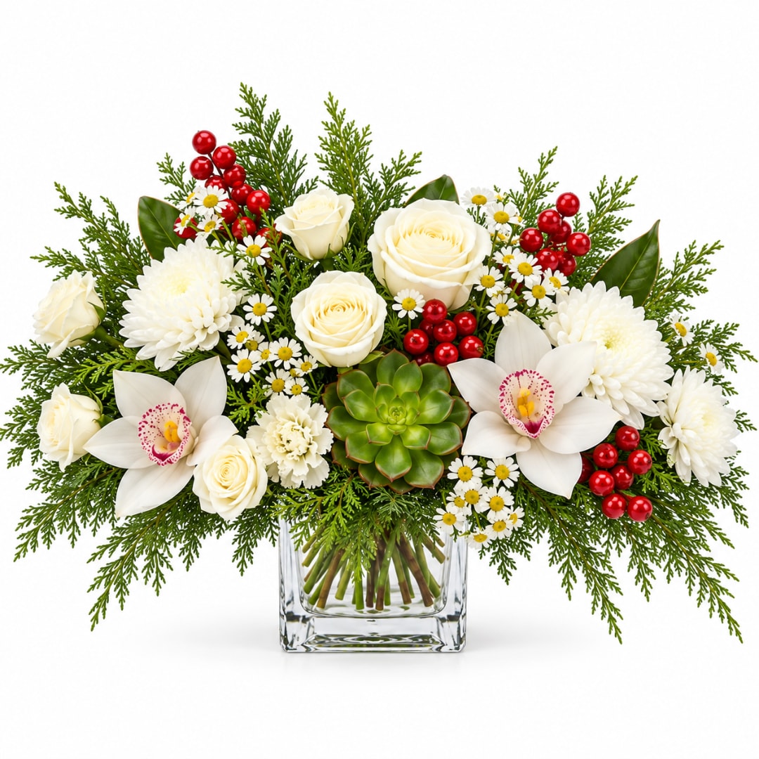 White roses and orchids arranged with red berries in a glass vase