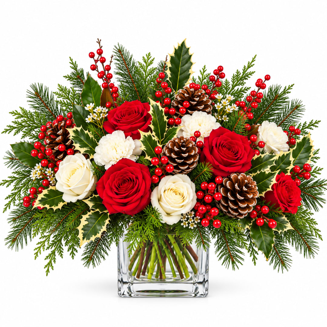 Holiday bouquet of red and white roses in a clear glass vase