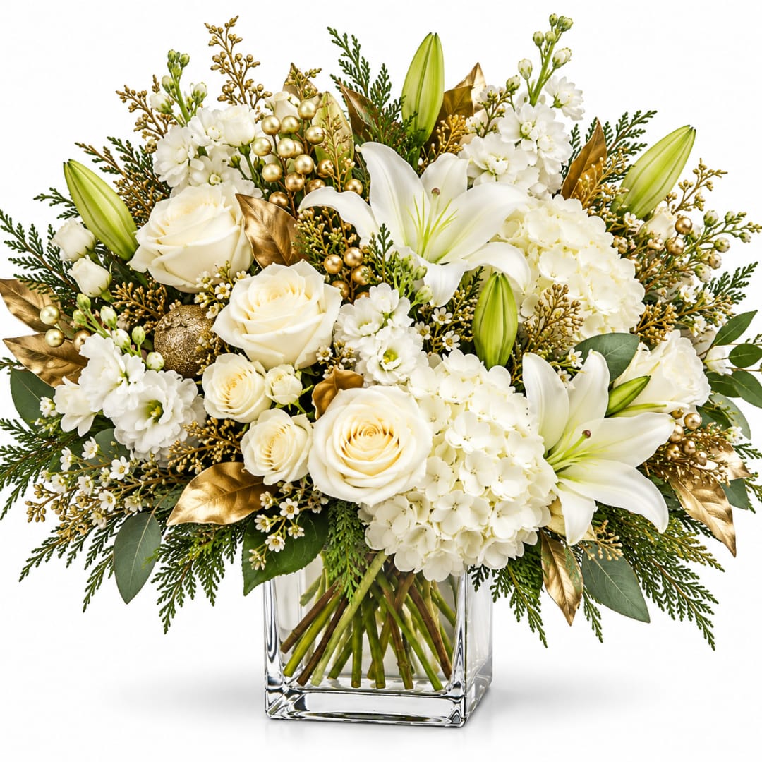 White roses and lilies in a clear glass vase with gold accents